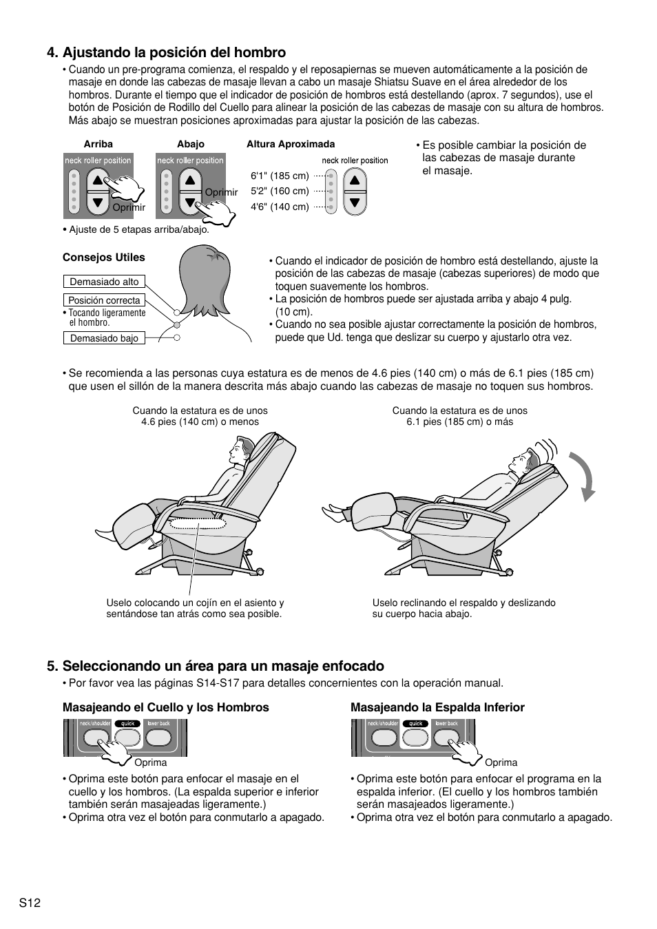 Ajustando la posición del hombro, Seleccionando un área para un masaje enfocado | Panasonic EP1272 User Manual | Page 38 / 76