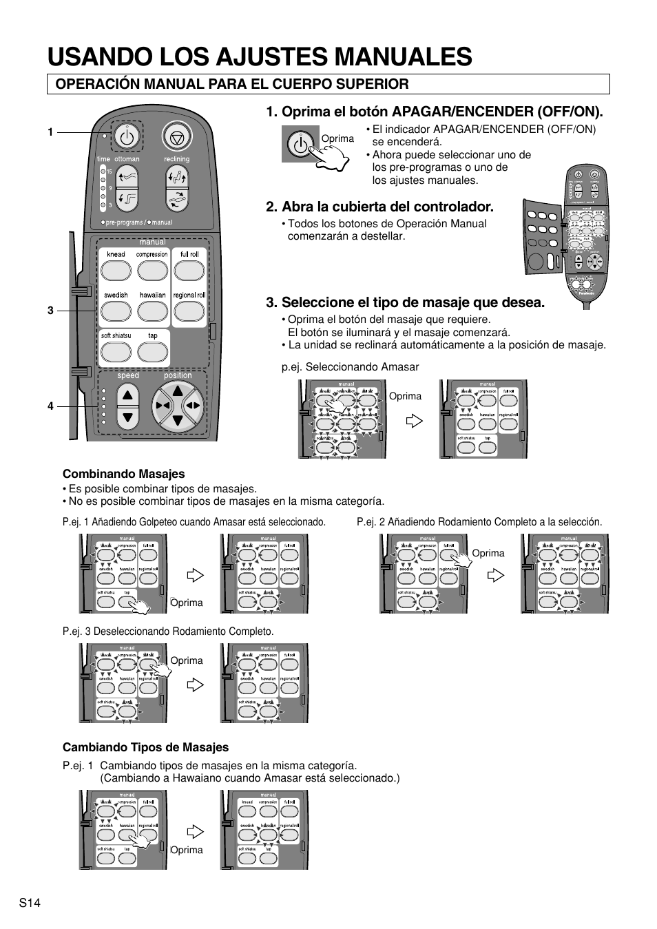 Usando los ajustes manuales, Seleccione el tipo de masaje que desea, Operación manual para el cuerpo superior | Panasonic EP1272 User Manual | Page 40 / 76