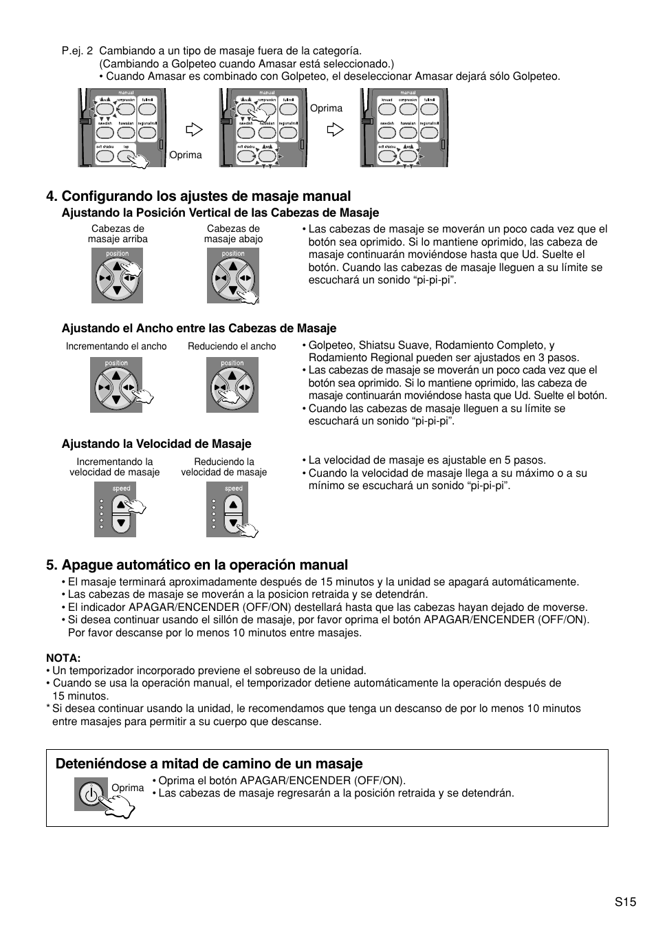 Configurando los ajustes de masaje manual, Apague automático en la operación manual, Deteniéndose a mitad de camino de un masaje | Panasonic EP1272 User Manual | Page 41 / 76