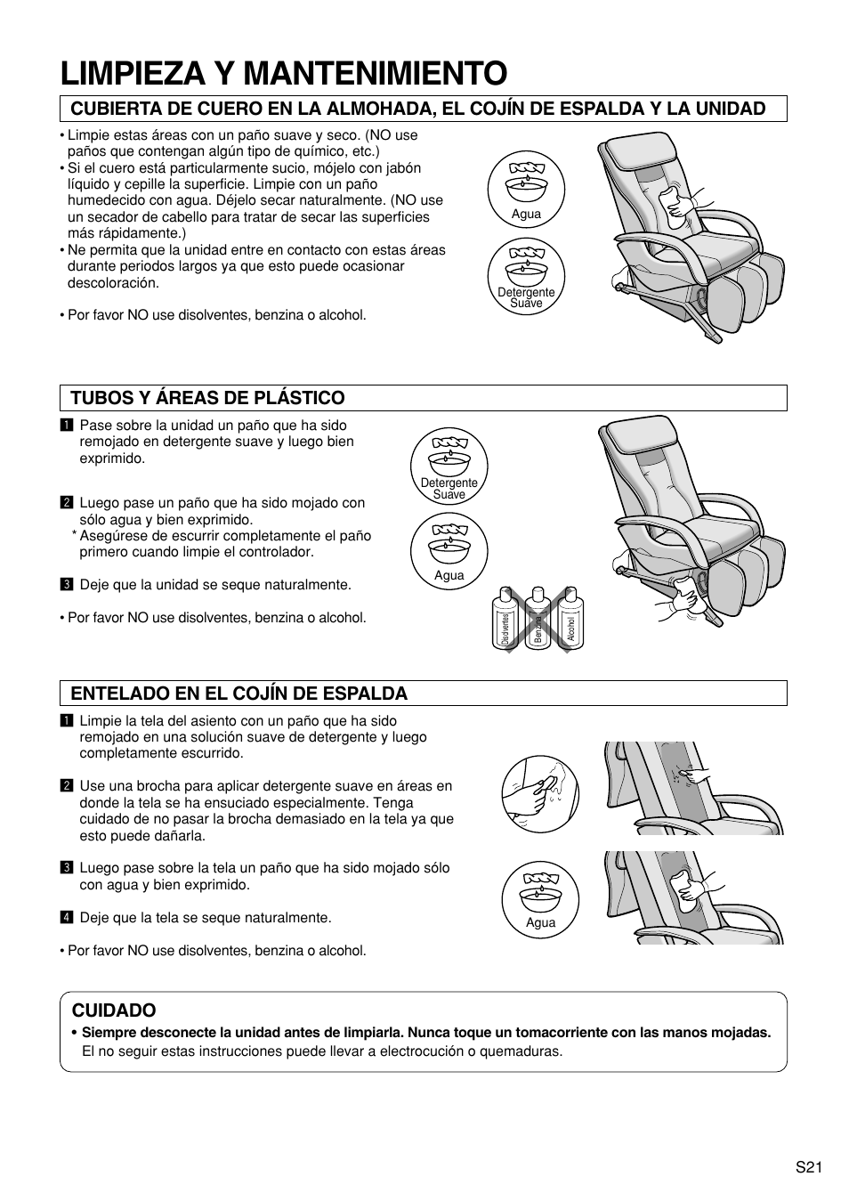 Limpieza y mantenimiento, Tubos y áreas de plástico, Entelado en el cojín de espalda cuidado | Panasonic EP1272 User Manual | Page 47 / 76