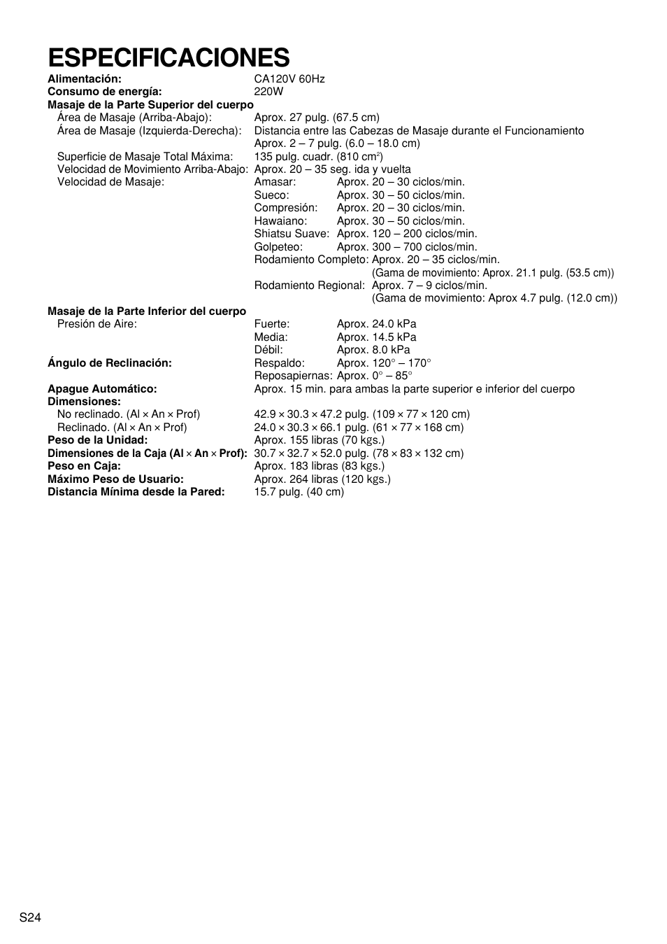 Especificaciones | Panasonic EP1272 User Manual | Page 50 / 76