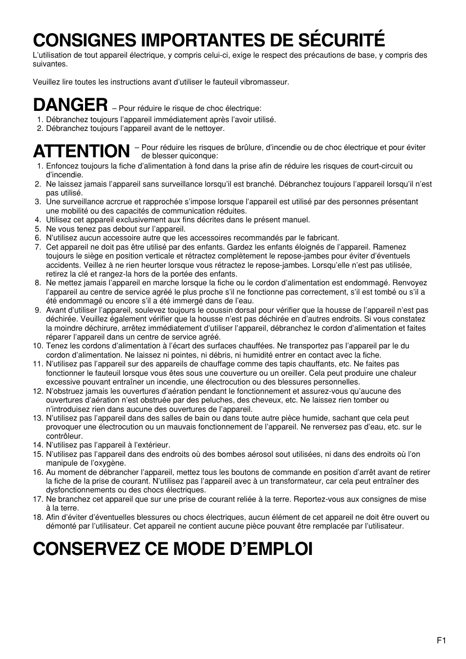 Consignes importantes de sécurité, Danger, Attention | Conservez ce mode d’emploi | Panasonic EP1272 User Manual | Page 51 / 76