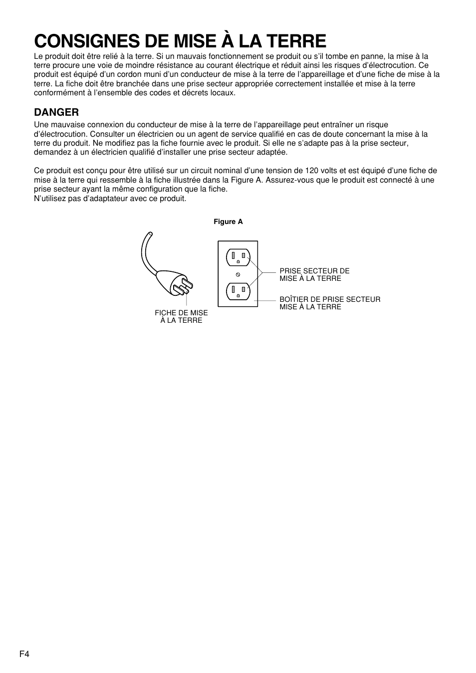 Consignes de mise à la terre, Danger | Panasonic EP1272 User Manual | Page 54 / 76