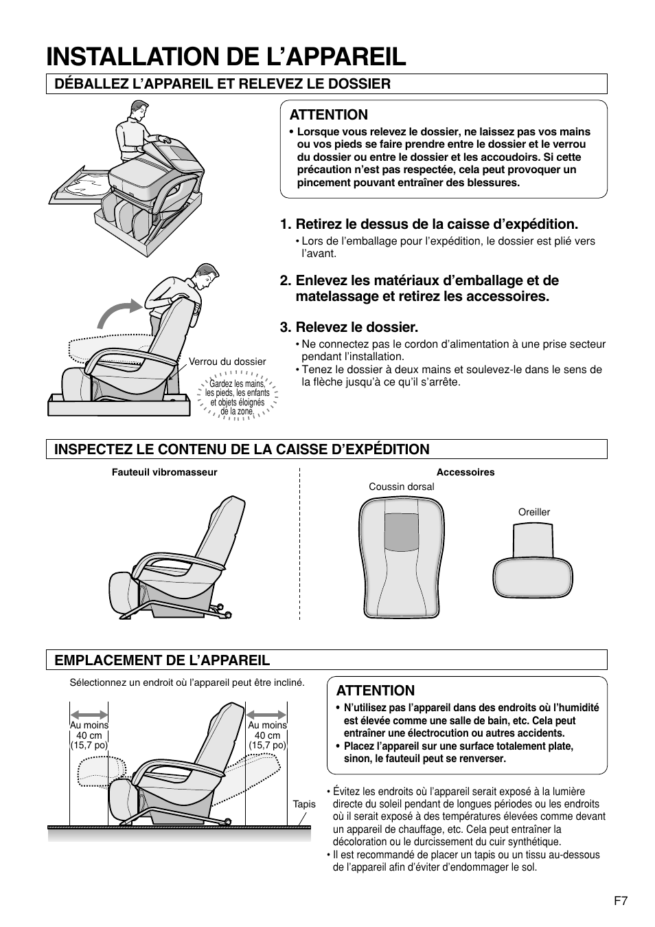 Installation de l’appareil, Attention, Déballez l’appareil et relevez le dossier | Retirez le dessus de la caisse d’expédition | Panasonic EP1272 User Manual | Page 57 / 76