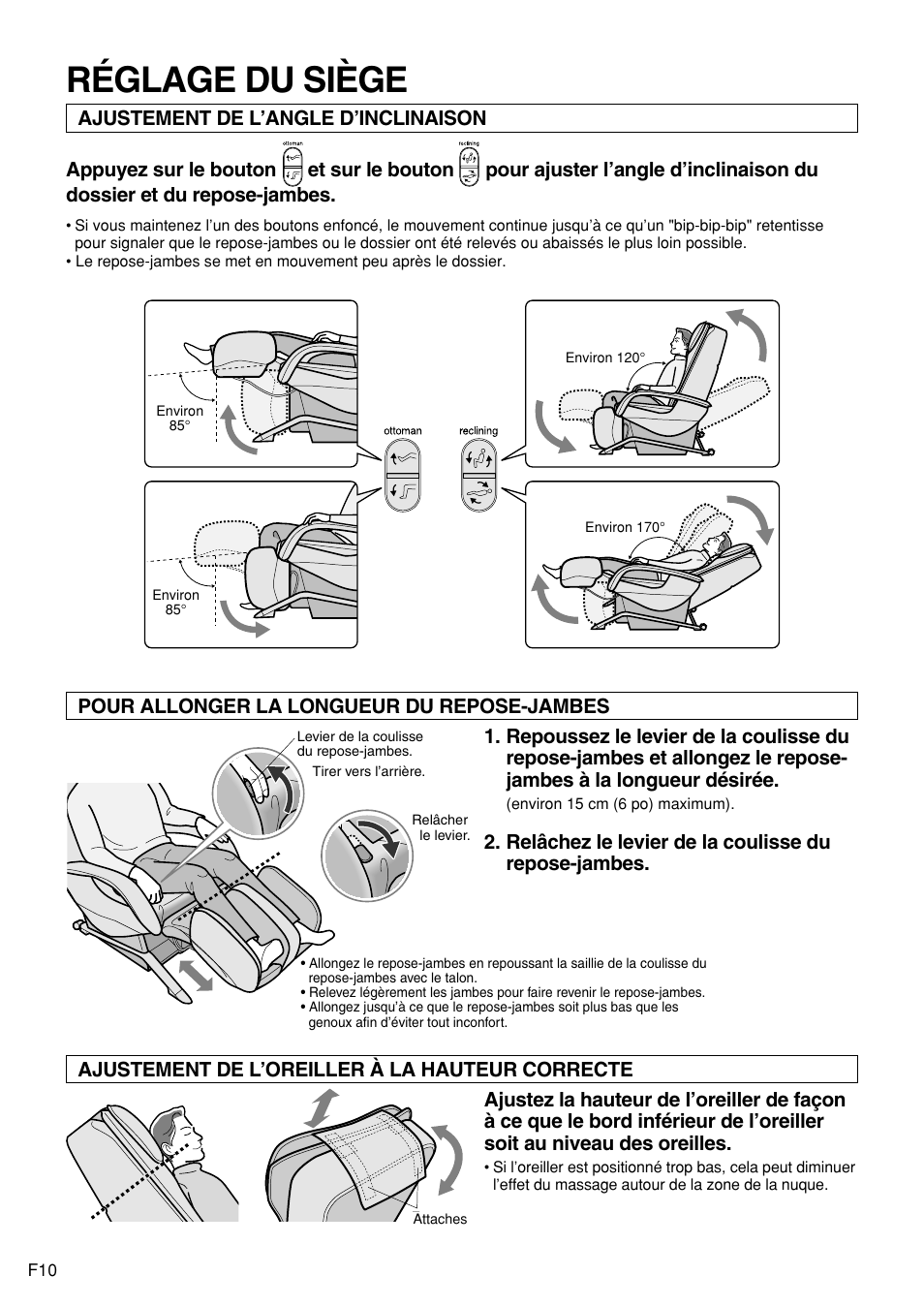 Réglage du siège, Ajustement de l’oreiller à la hauteur correcte | Panasonic EP1272 User Manual | Page 60 / 76