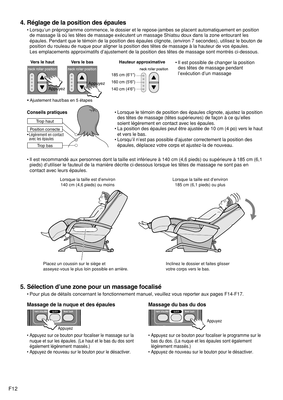 Sélection d’une zone pour un massage focalisé, Réglage de la position des épaules | Panasonic EP1272 User Manual | Page 62 / 76