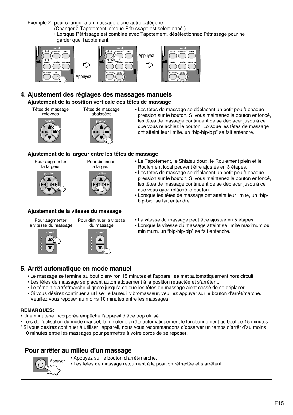 Ajustement des réglages des massages manuels, Arrêt automatique en mode manuel, Pour arrêter au milieu d’un massage | Panasonic EP1272 User Manual | Page 65 / 76