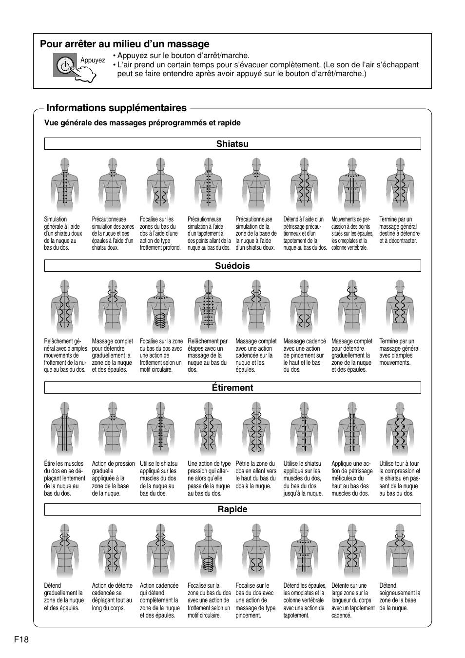 Informations supplémentaires, Pour arrêter au milieu d’un massage | Panasonic EP1272 User Manual | Page 68 / 76