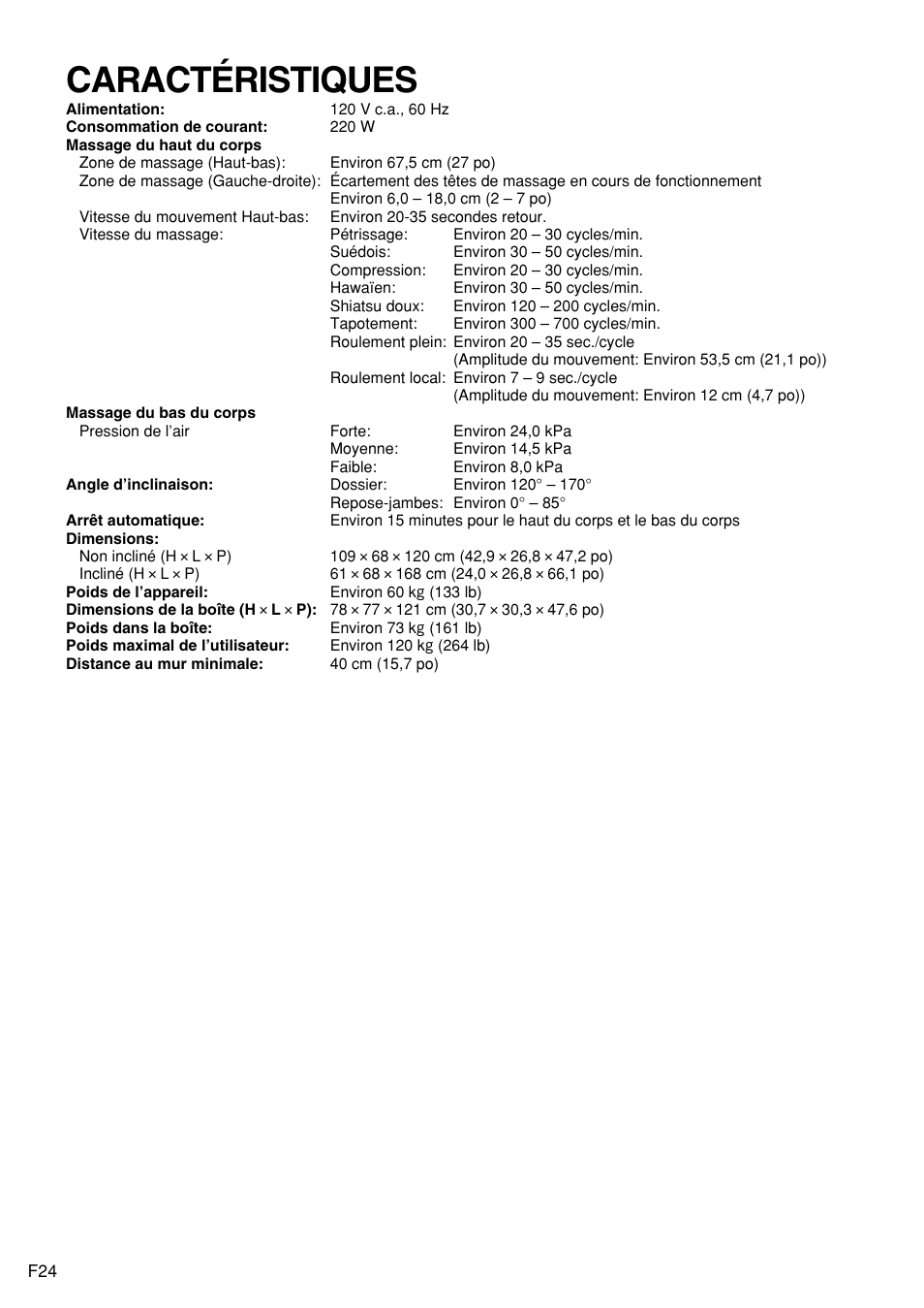 Caractéristiques | Panasonic EP1272 User Manual | Page 74 / 76