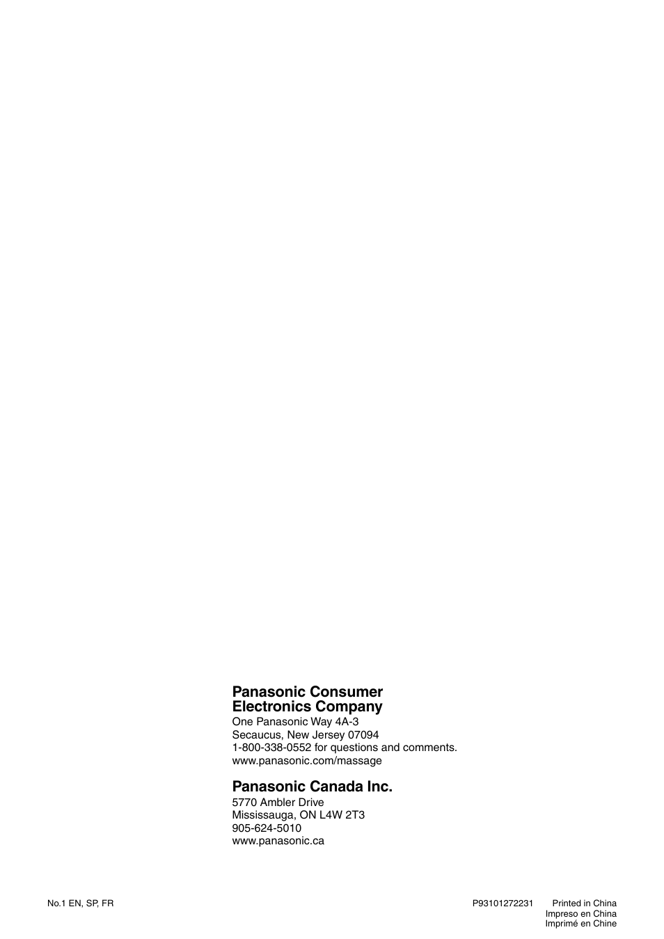 Panasonic consumer electronics company, Panasonic canada inc | Panasonic EP1272 User Manual | Page 76 / 76