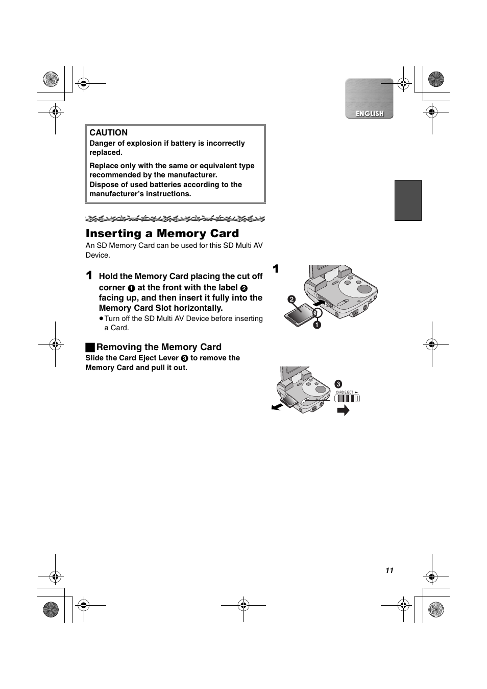 Inserting a memory card | Panasonic SV-AV30U User Manual | Page 11 / 74