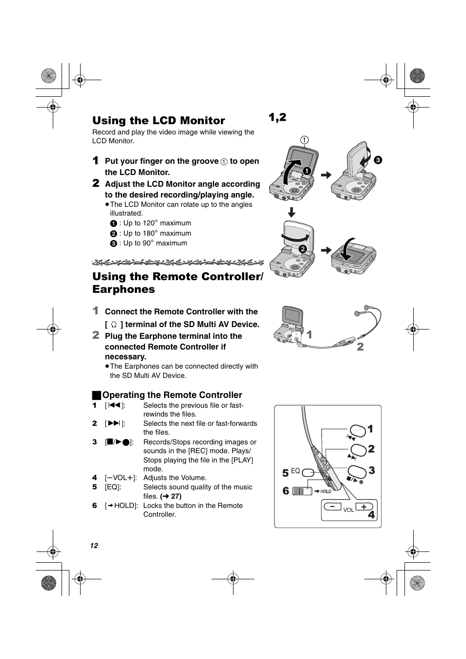 Using the lcd monitor, Using the remote controller/earphones, Using the remote controller/ earphones 1 | Panasonic SV-AV30U User Manual | Page 12 / 74