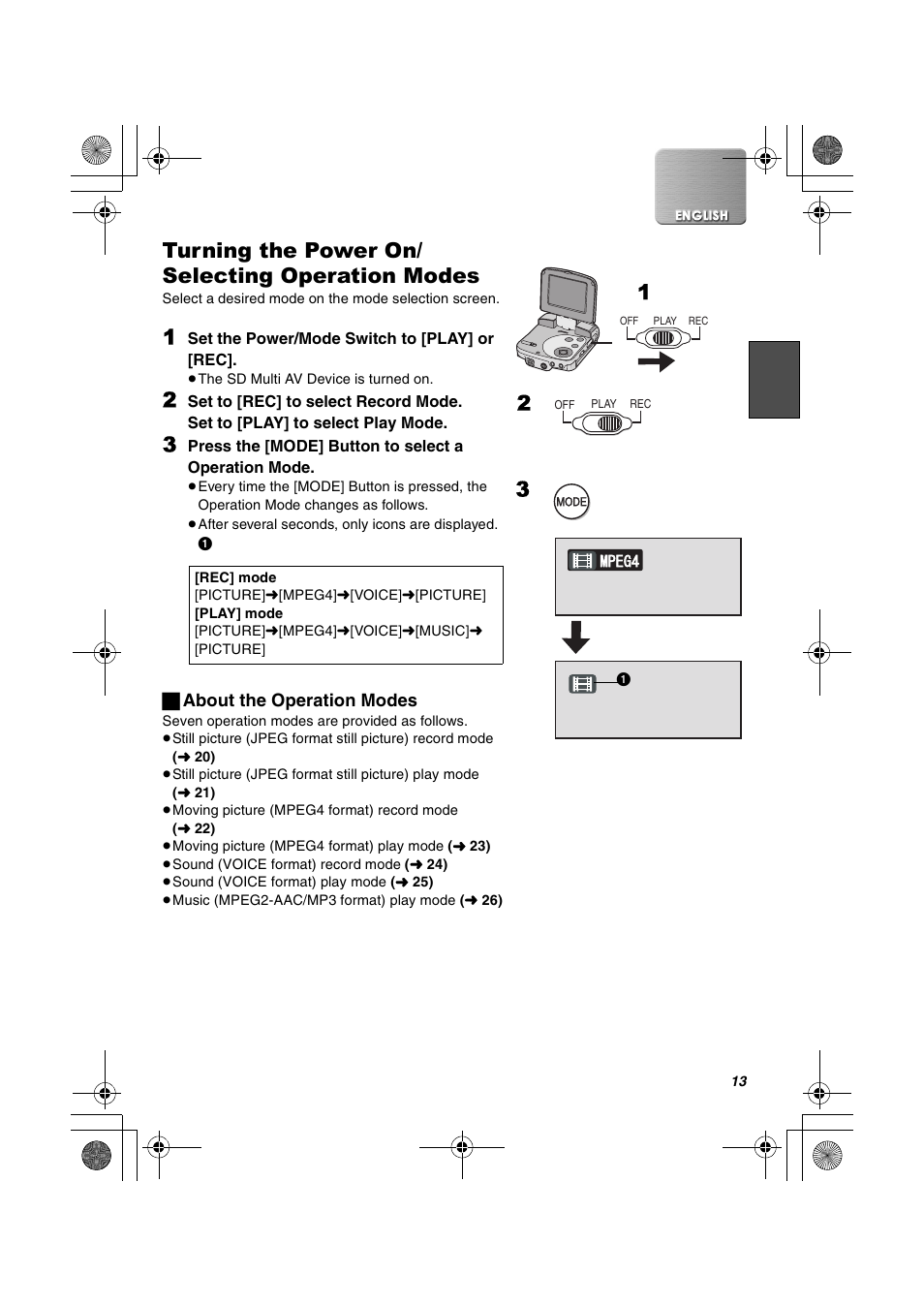 Turning the power on/selecting operation modes, Turning the power on/ selecting operation modes | Panasonic SV-AV30U User Manual | Page 13 / 74