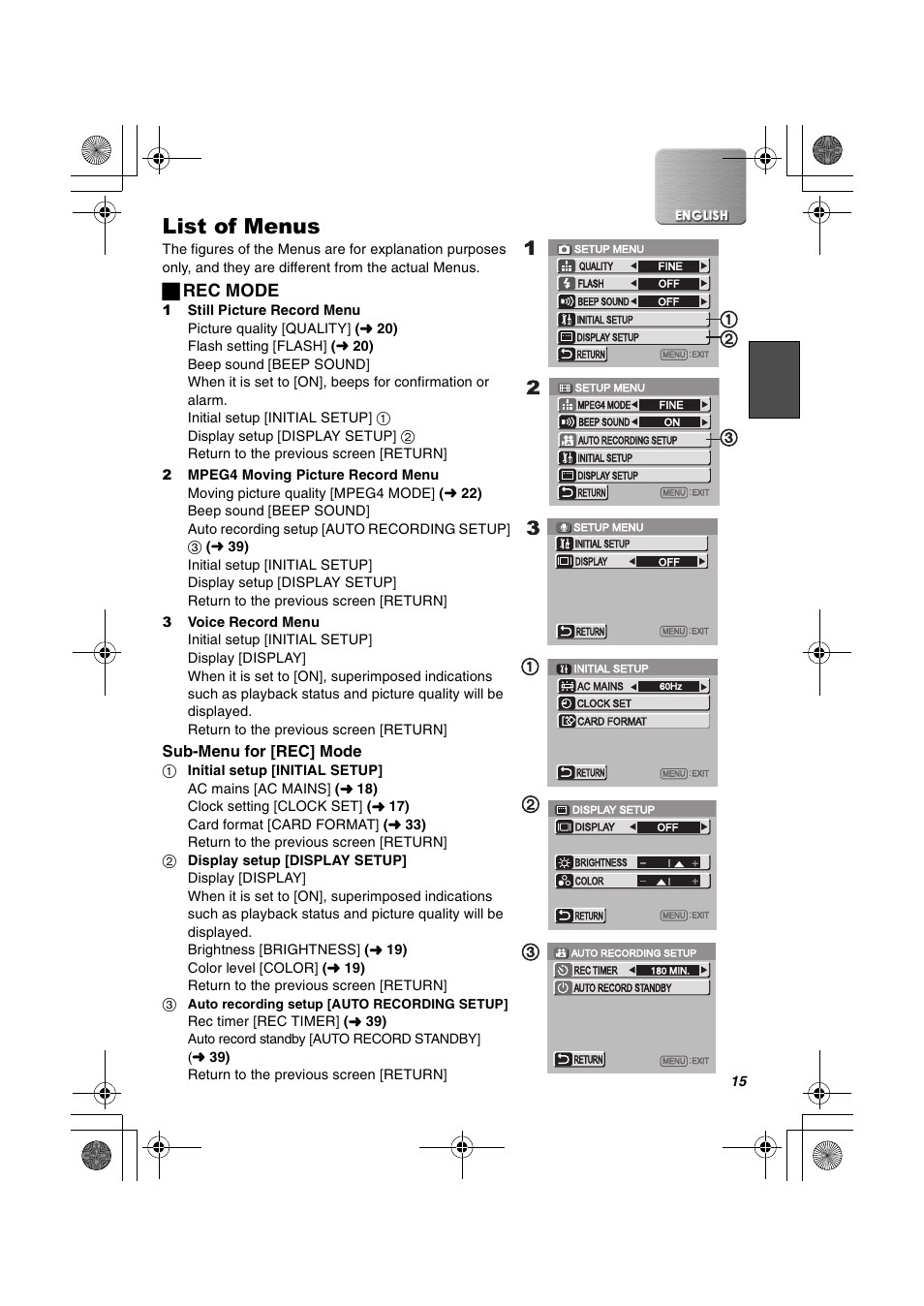 List of menus, ª rec mode | Panasonic SV-AV30U User Manual | Page 15 / 74