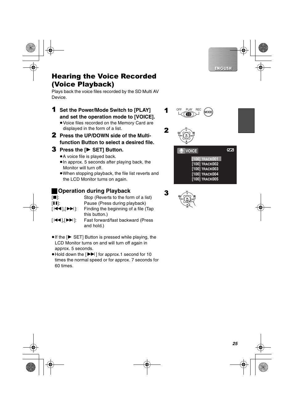 Hearing the voice recorded (voice playback), ª operation during playback | Panasonic SV-AV30U User Manual | Page 25 / 74
