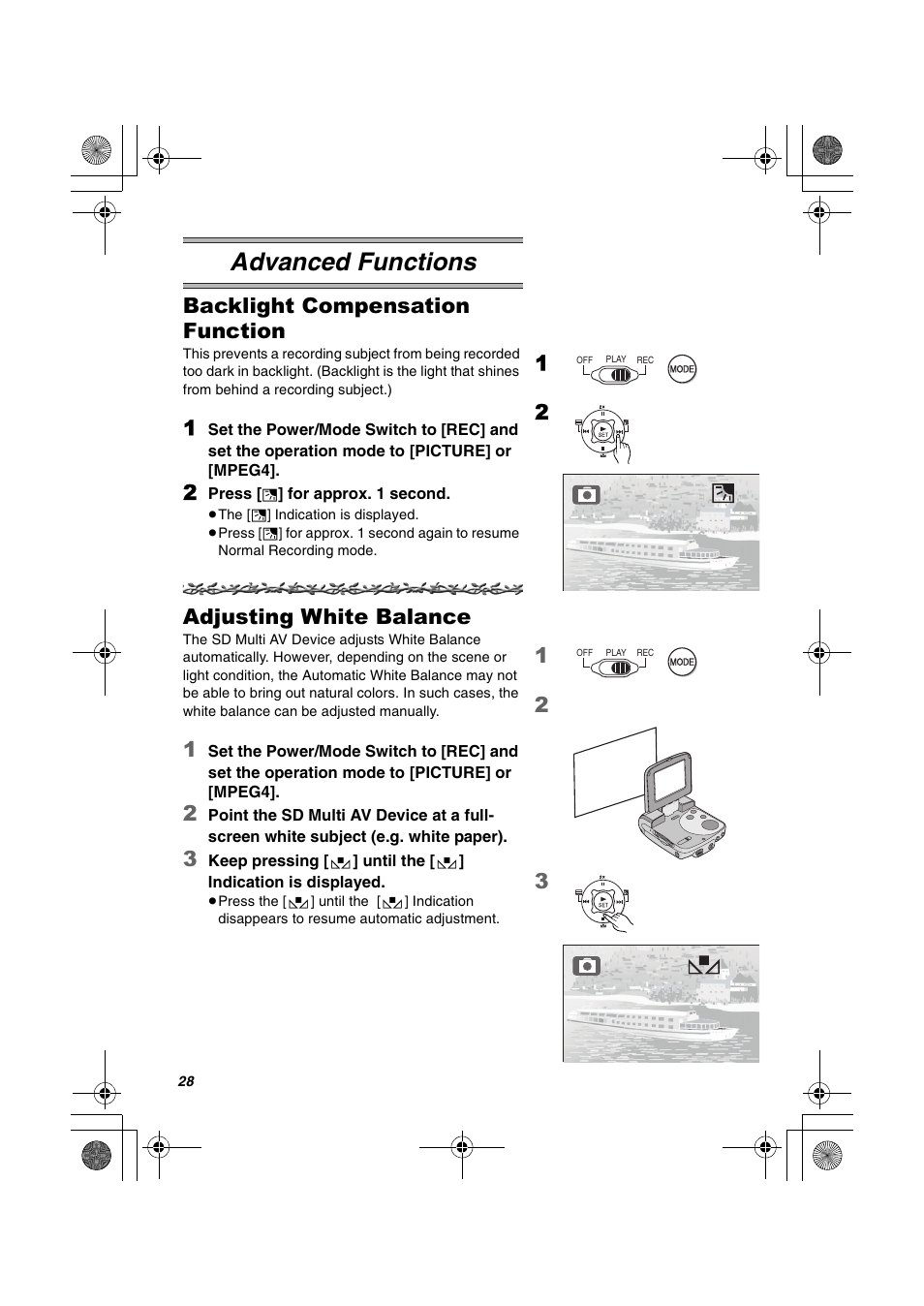 Advanced functions, Backlight compensation function, Adjusting white balance | Panasonic SV-AV30U User Manual | Page 28 / 74