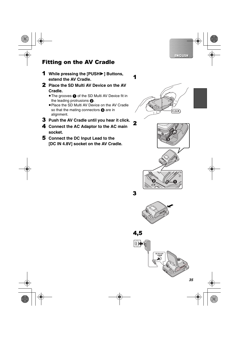 Using the av cradle, Fitting on the av cradle, Fitting on the av cradle 1 | Panasonic SV-AV30U User Manual | Page 35 / 74