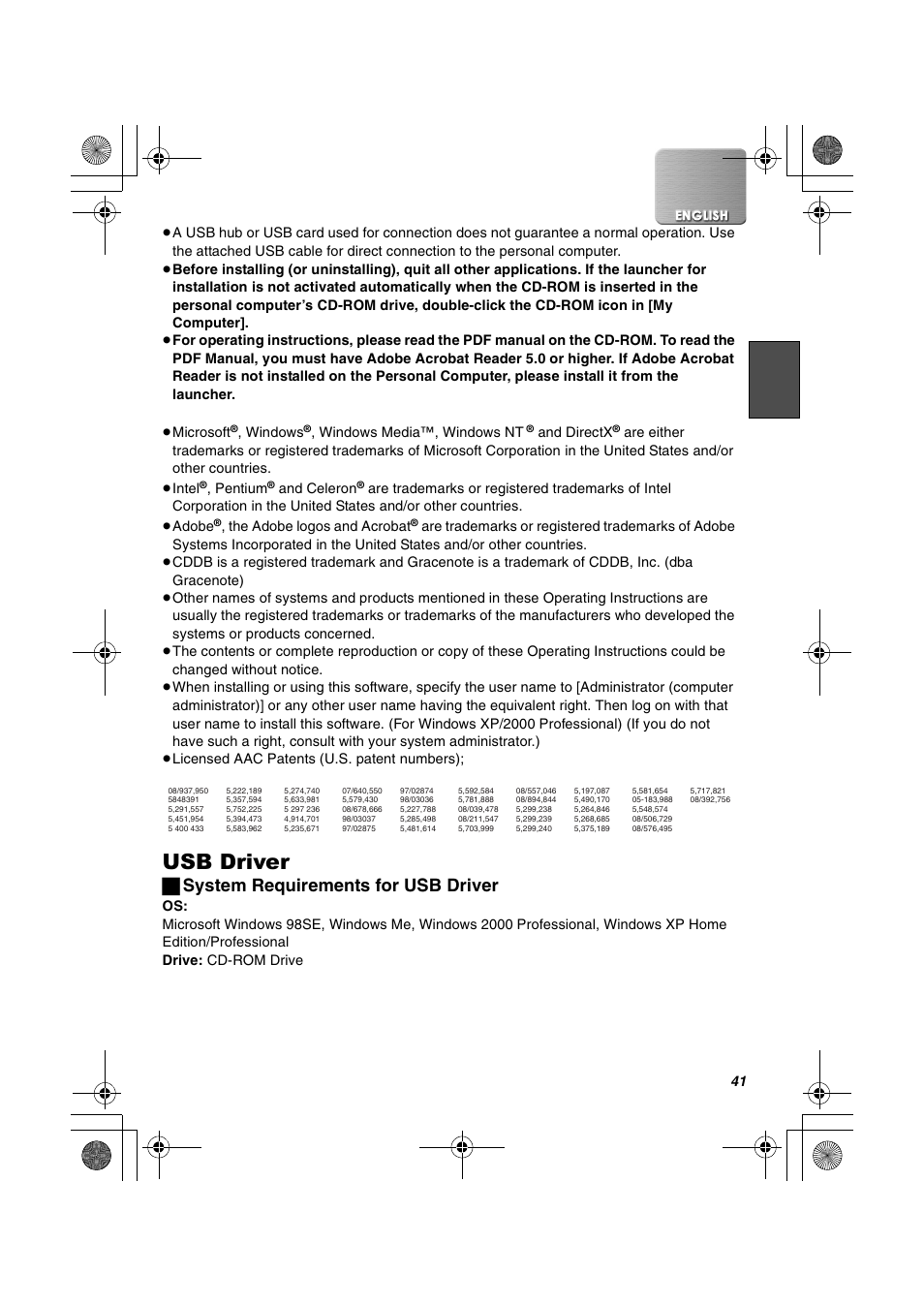 Usb driver, ª system requirements for usb driver | Panasonic SV-AV30U User Manual | Page 41 / 74