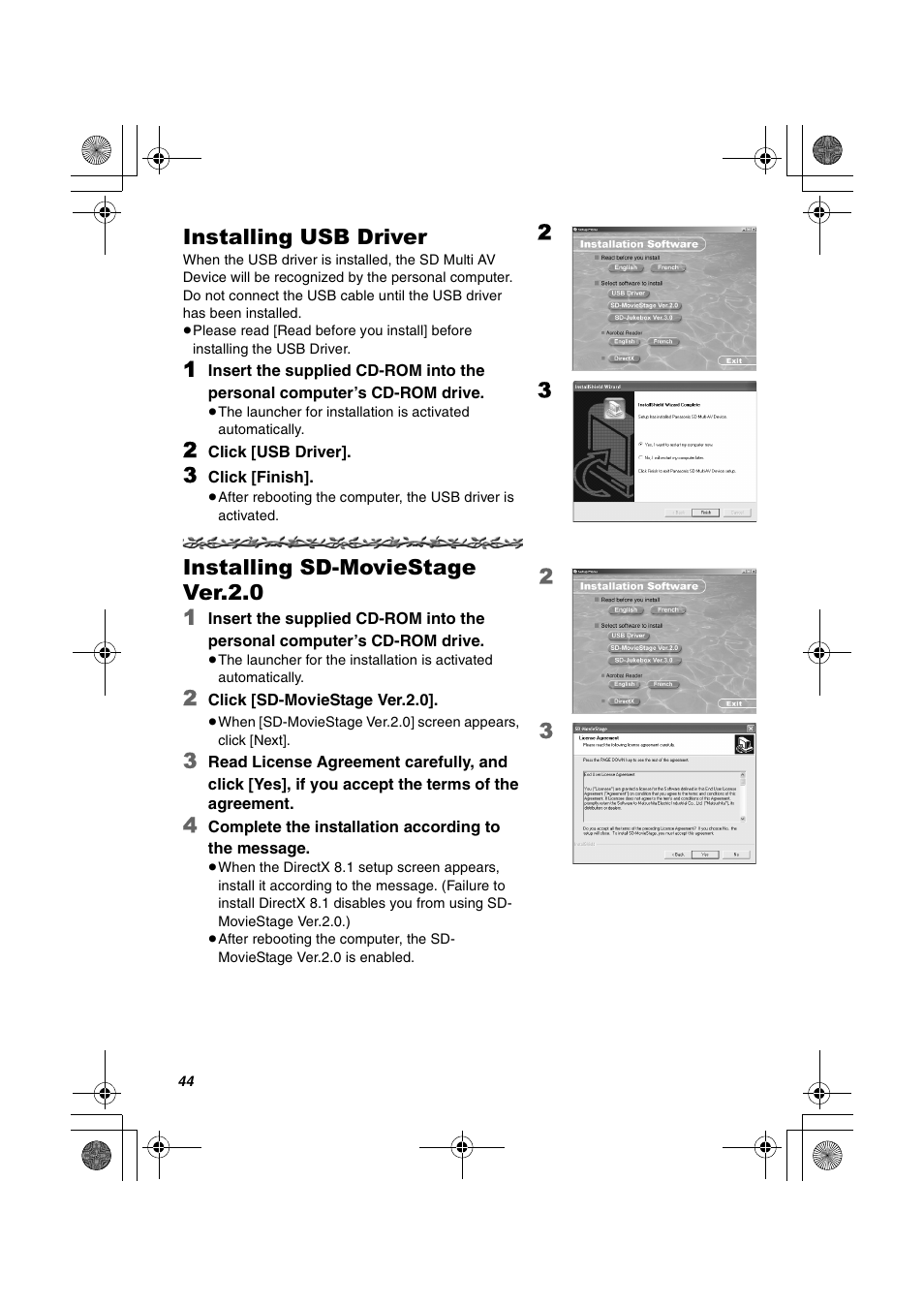 Installing usb driver, Installing sd-moviestage ver.2.0, Installing sd-moviestage ver.2.0 1 | Panasonic SV-AV30U User Manual | Page 44 / 74