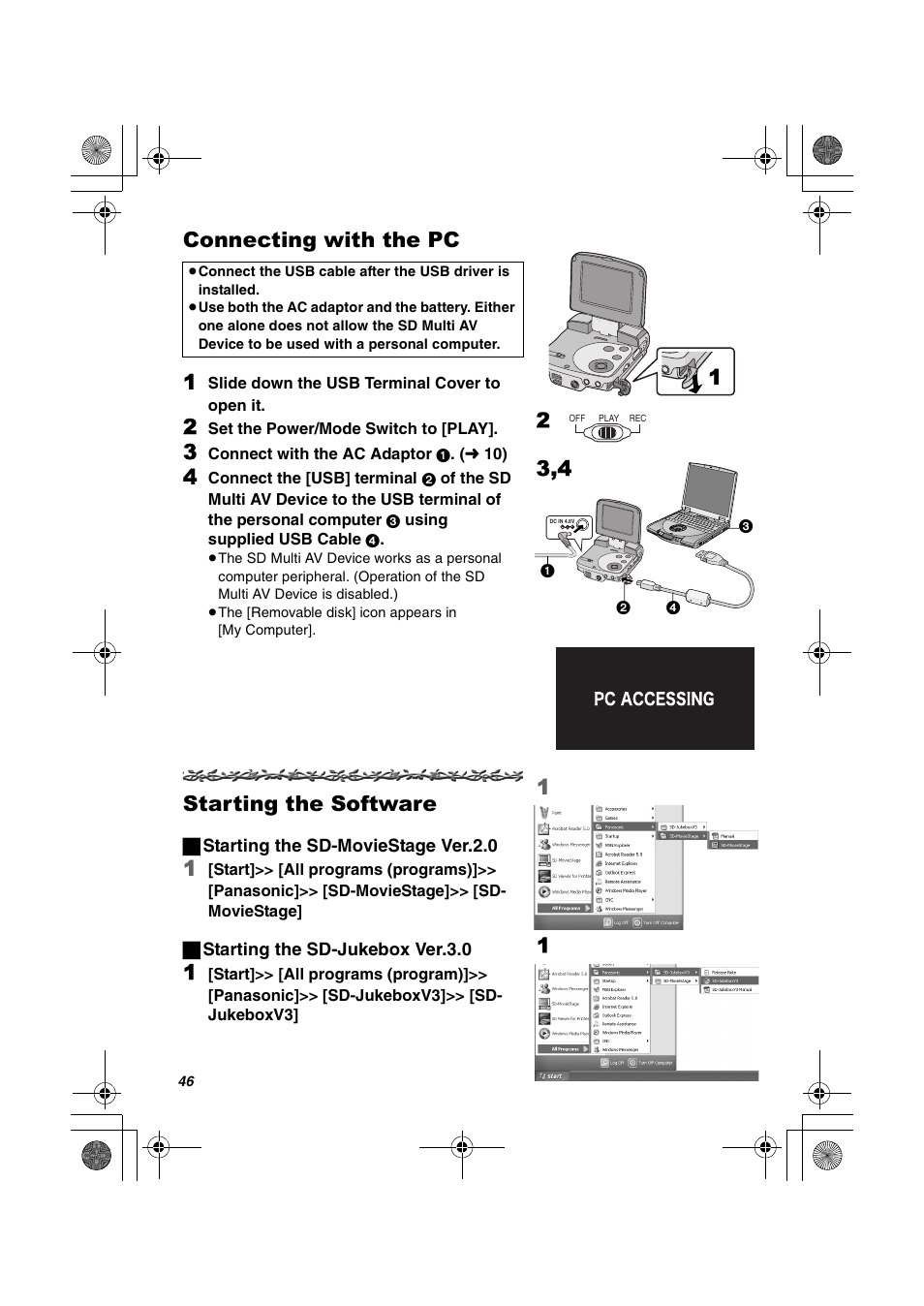 Connecting with the pc, Starting the software, Connecting with the pc 1 | Panasonic SV-AV30U User Manual | Page 46 / 74