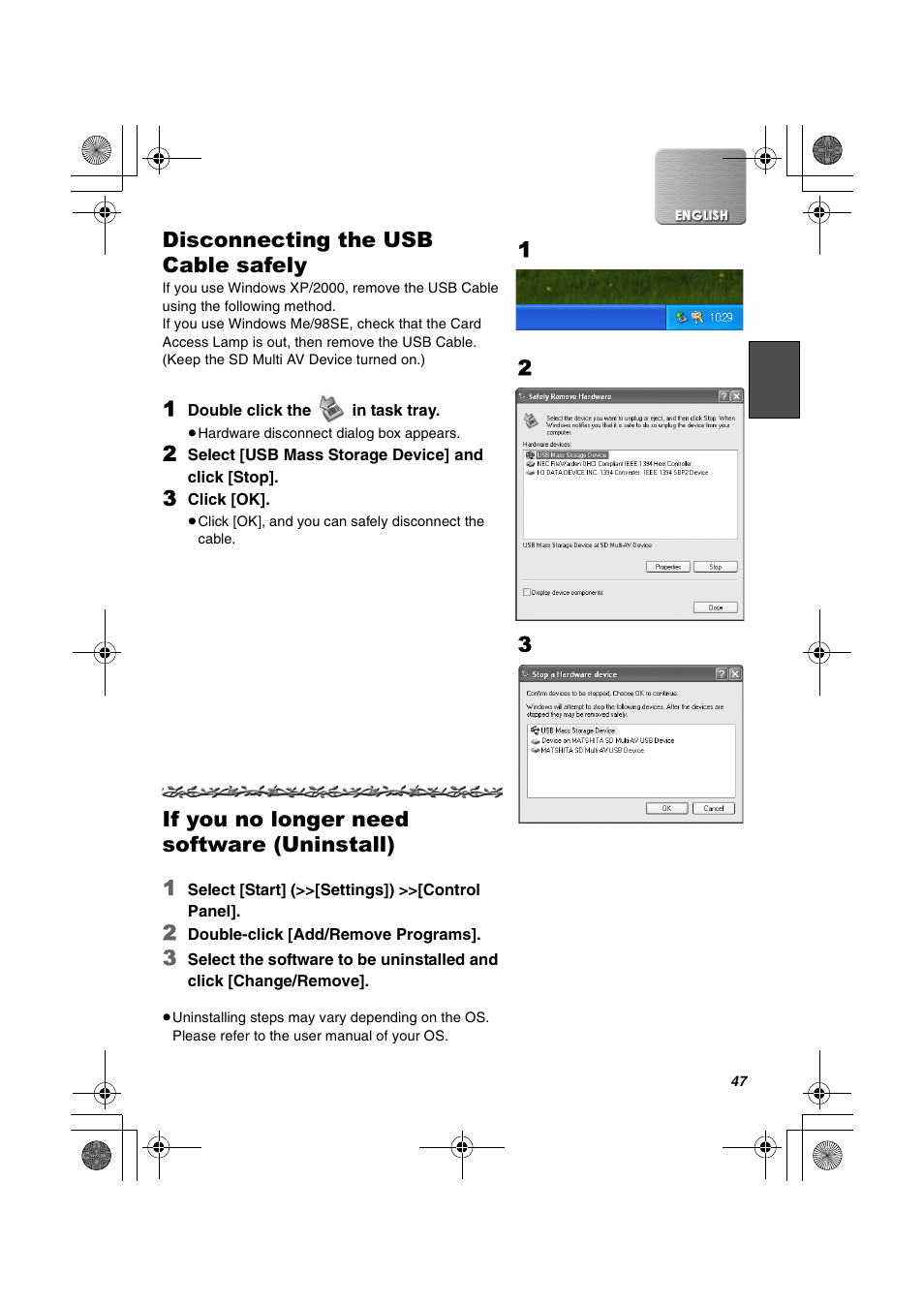 Disconnecting the usb cable safely, If you no longer need software (uninstall), If you no longer need software (uninstall) 1 | Panasonic SV-AV30U User Manual | Page 47 / 74