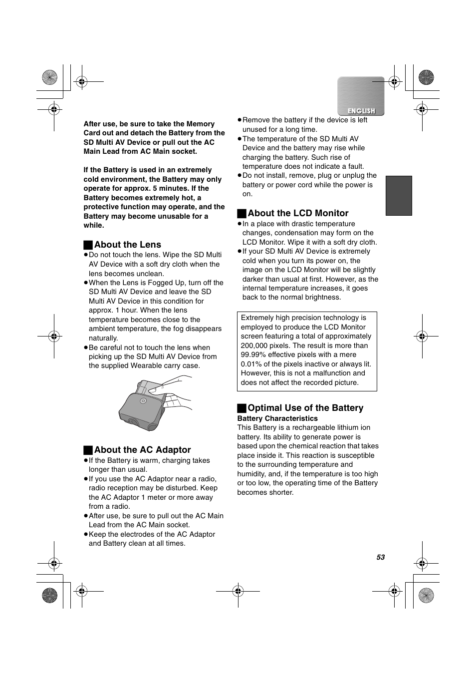 ª about the lens, ª about the ac adaptor, ª about the lcd monitor | ª optimal use of the battery | Panasonic SV-AV30U User Manual | Page 53 / 74