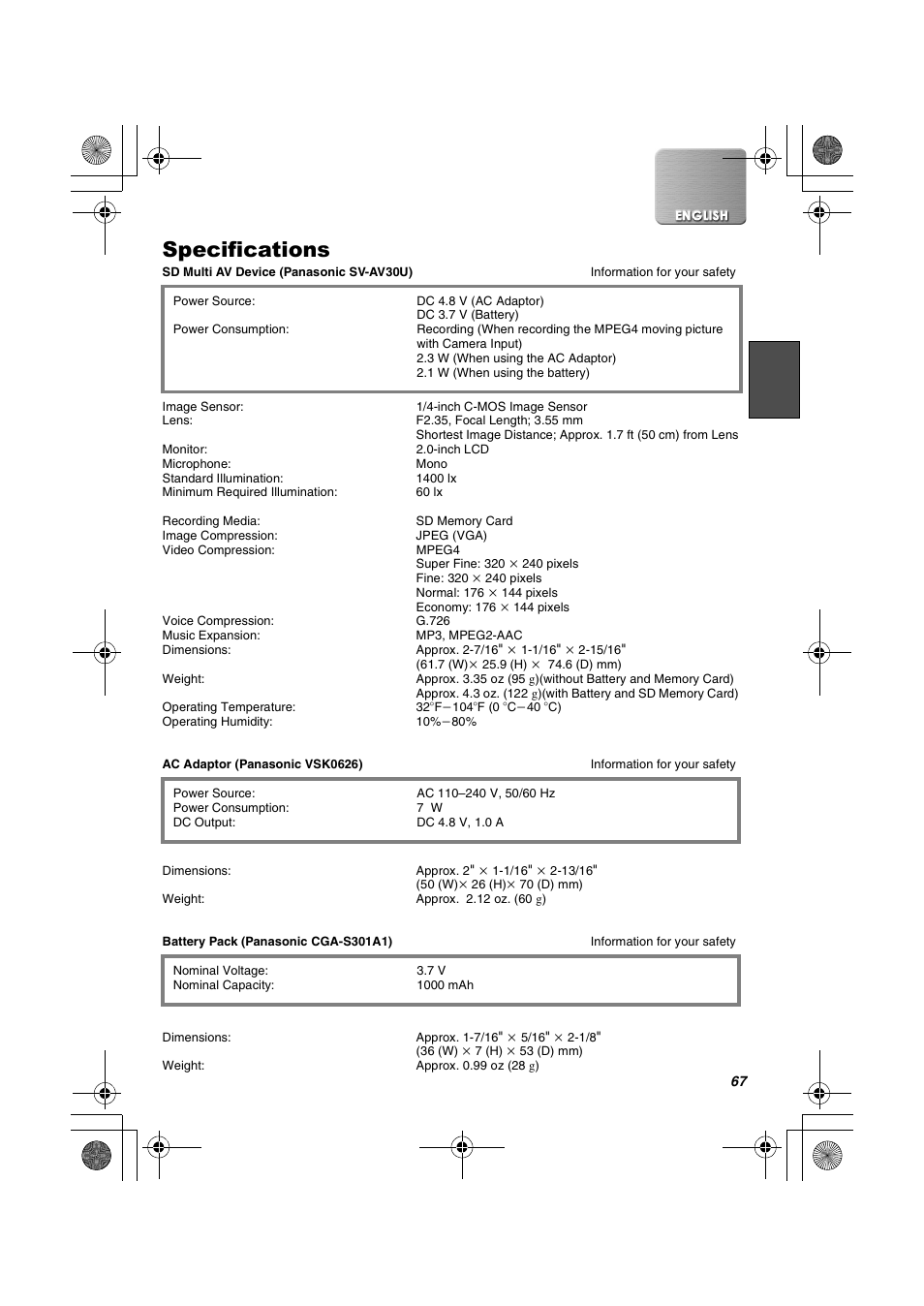 Specifications | Panasonic SV-AV30U User Manual | Page 67 / 74