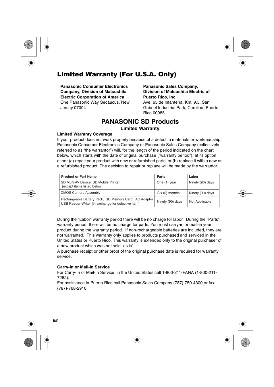 Limited warranty (for u.s.a. only) | Panasonic SV-AV30U User Manual | Page 68 / 74