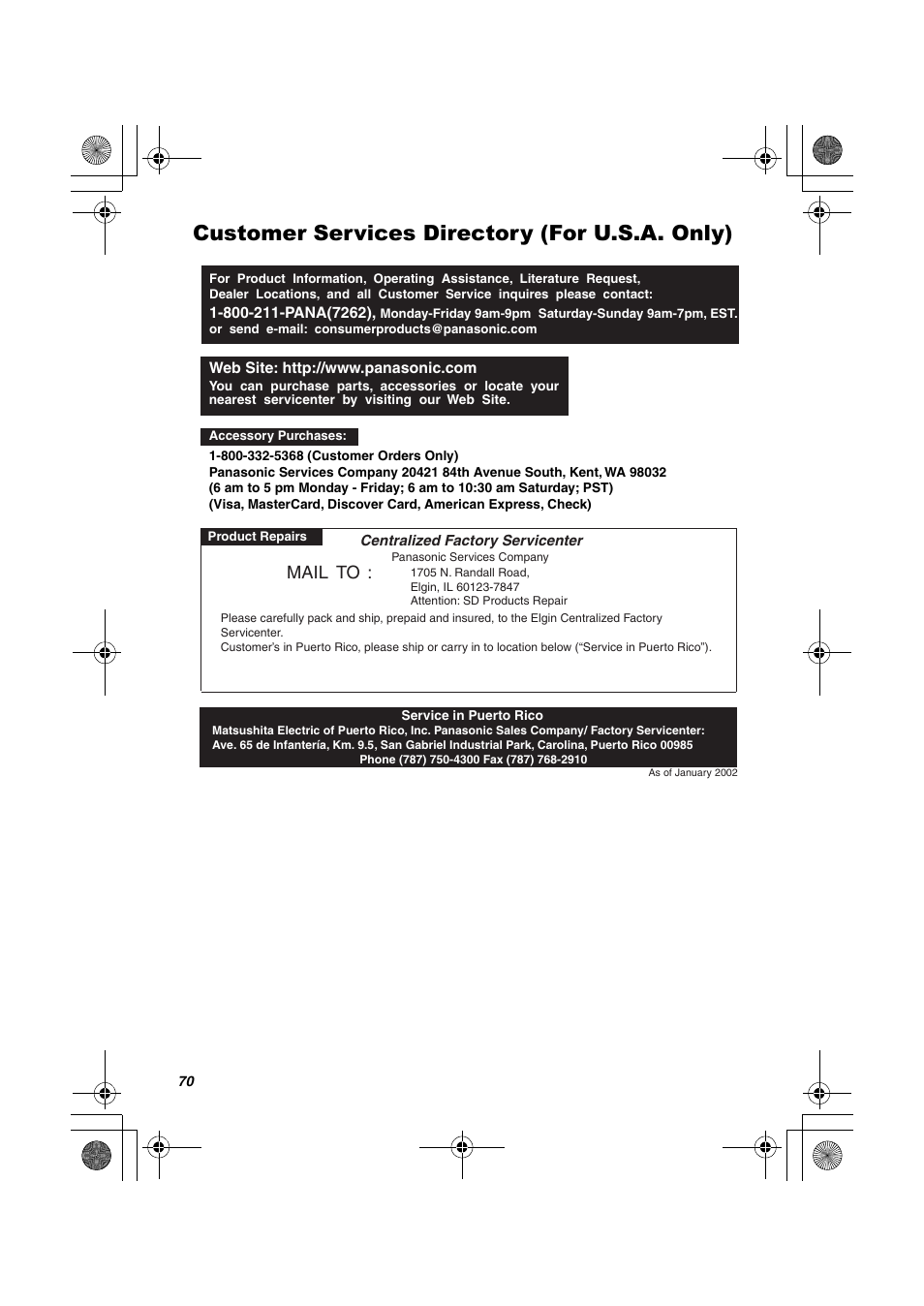 Customer services directory (for u.s.a. only), Mail to | Panasonic SV-AV30U User Manual | Page 70 / 74