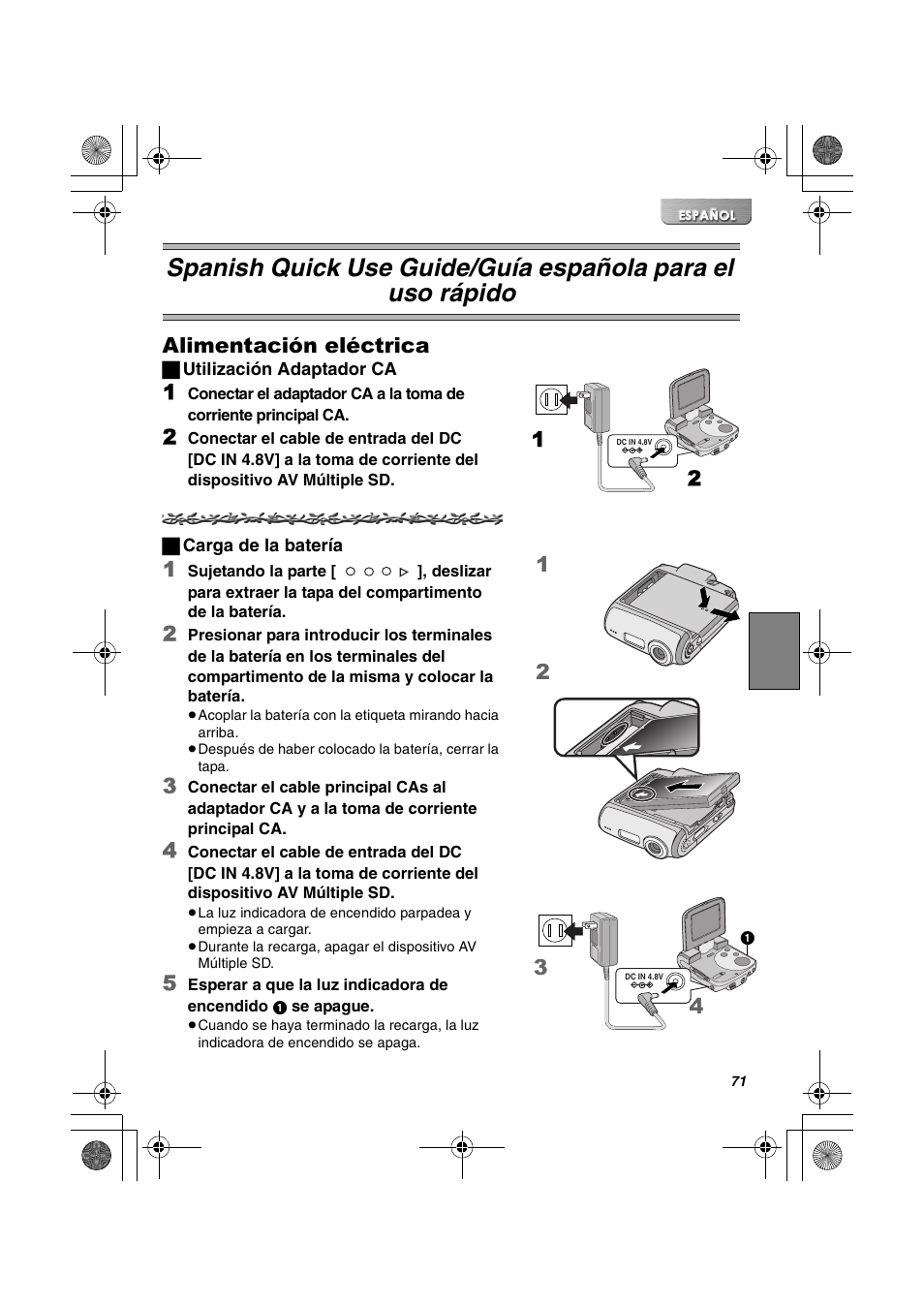 Alimentacion electrica, Alimentación eléctrica | Panasonic SV-AV30U User Manual | Page 71 / 74