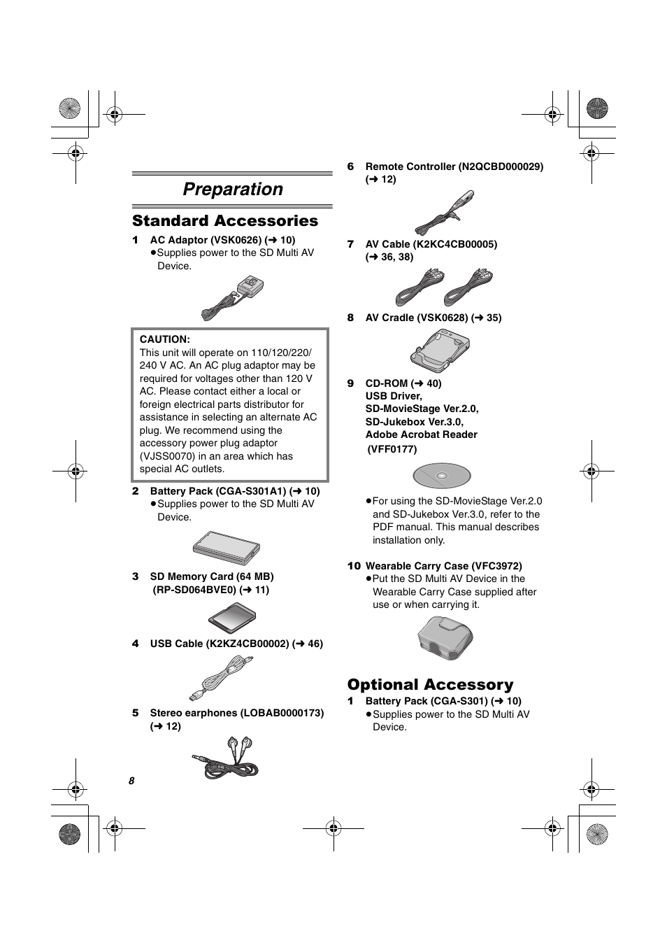 Preparation, Standard accessories, Optional accessory | Panasonic SV-AV30U User Manual | Page 8 / 74