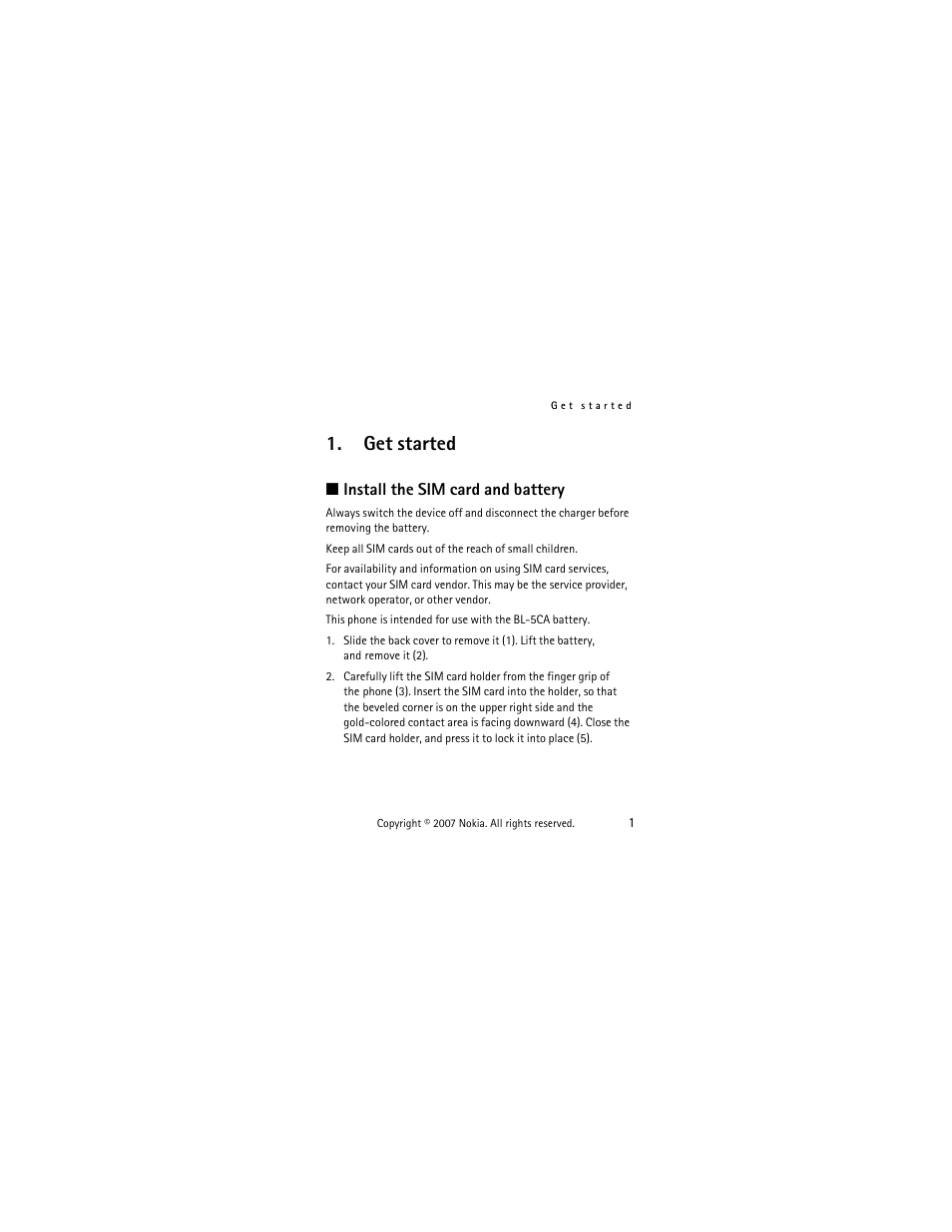 Get started, Install the sim card and battery, Get started install the sim card and battery | Panasonic 1200 User Manual | Page 10 / 42