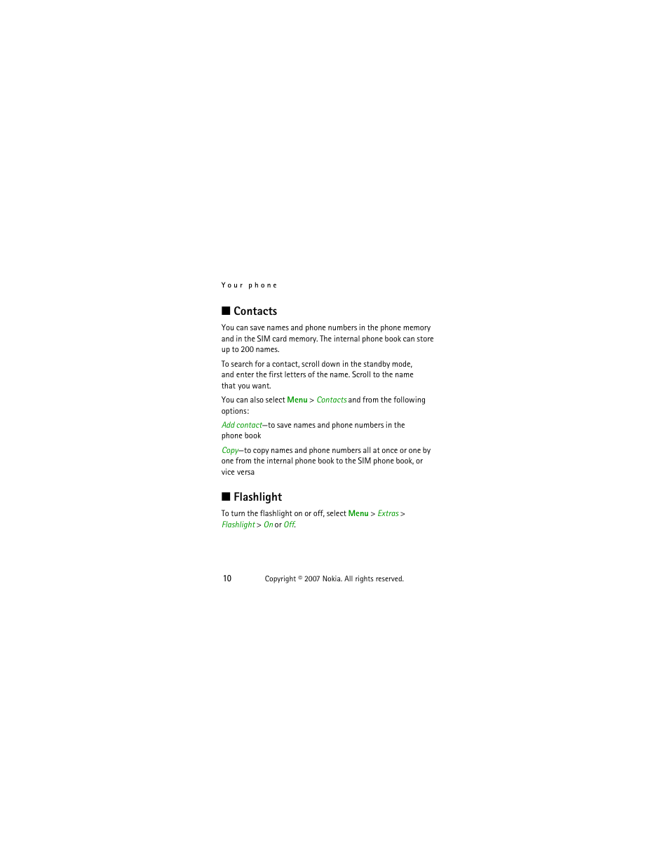 Contacts, Flashlight, Contacts flashlight | Panasonic 1200 User Manual | Page 19 / 42