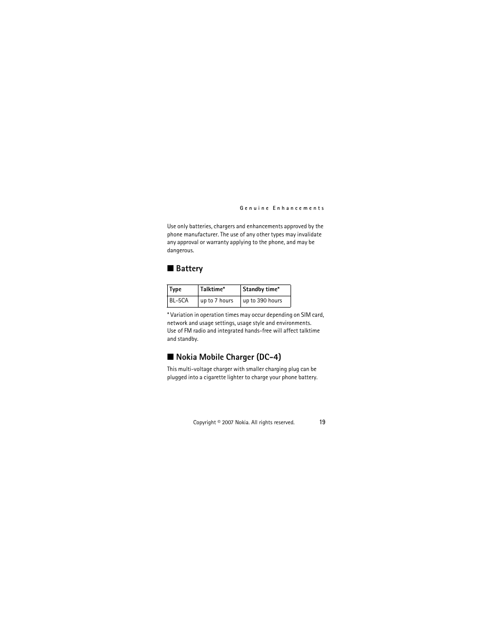 Battery, Nokia mobile charger (dc-4), Battery nokia mobile charger (dc-4) | Panasonic 1200 User Manual | Page 28 / 42