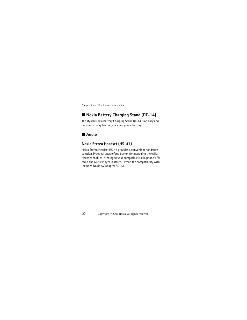 Nokia battery charging stand (dt-14), Audio, Nokia stereo headset (hs-47) | Nokia battery charging stand (dt-14) audio | Panasonic 1200 User Manual | Page 29 / 42