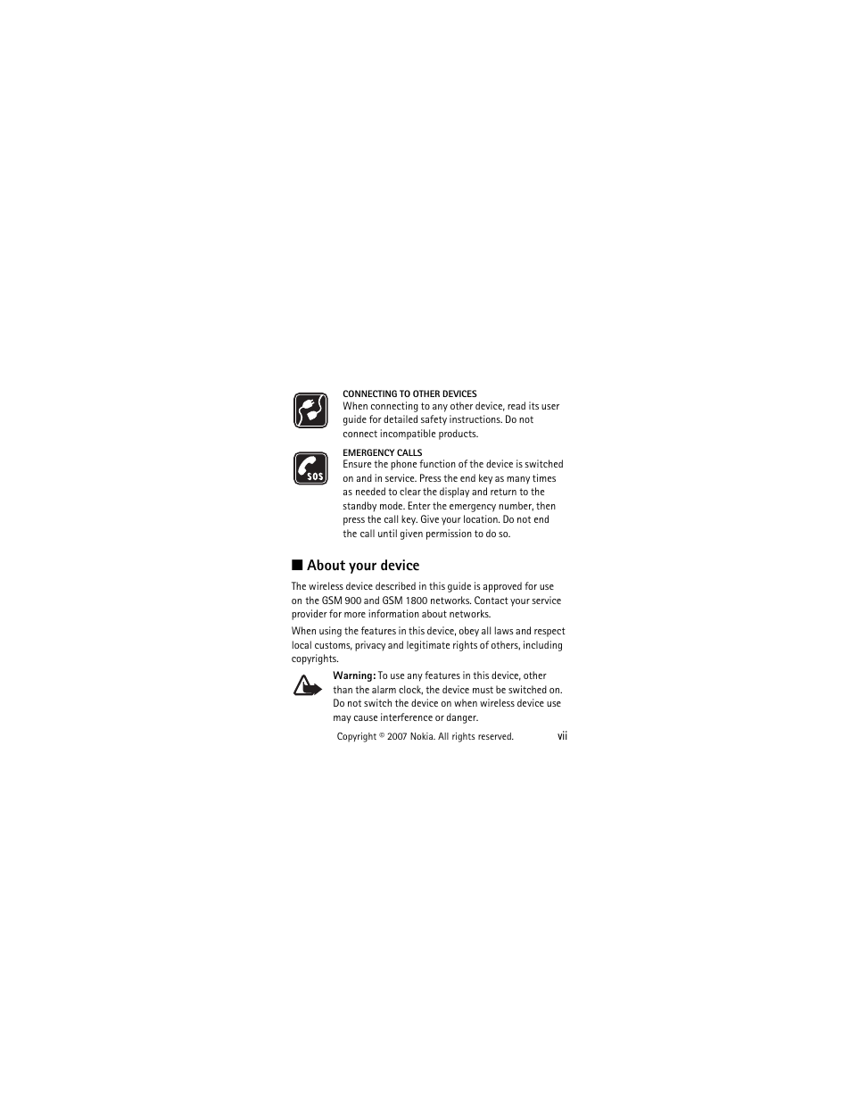 About your device, About your device ................. vii | Panasonic 1200 User Manual | Page 8 / 42