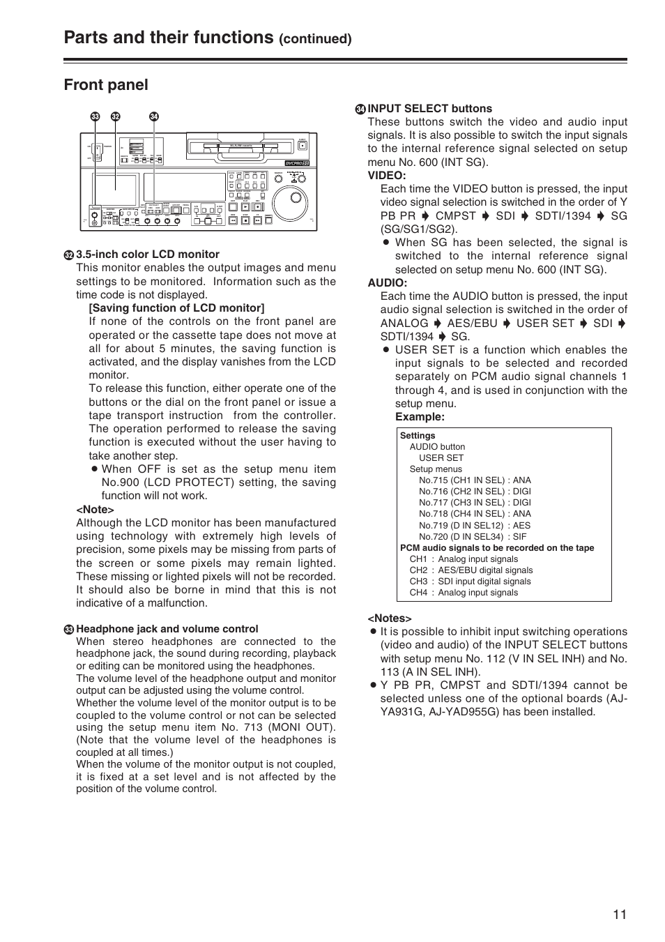 Parts and their functions, Front panel, Continued) | Rq p | Panasonic AJ-SD965P User Manual | Page 11 / 86