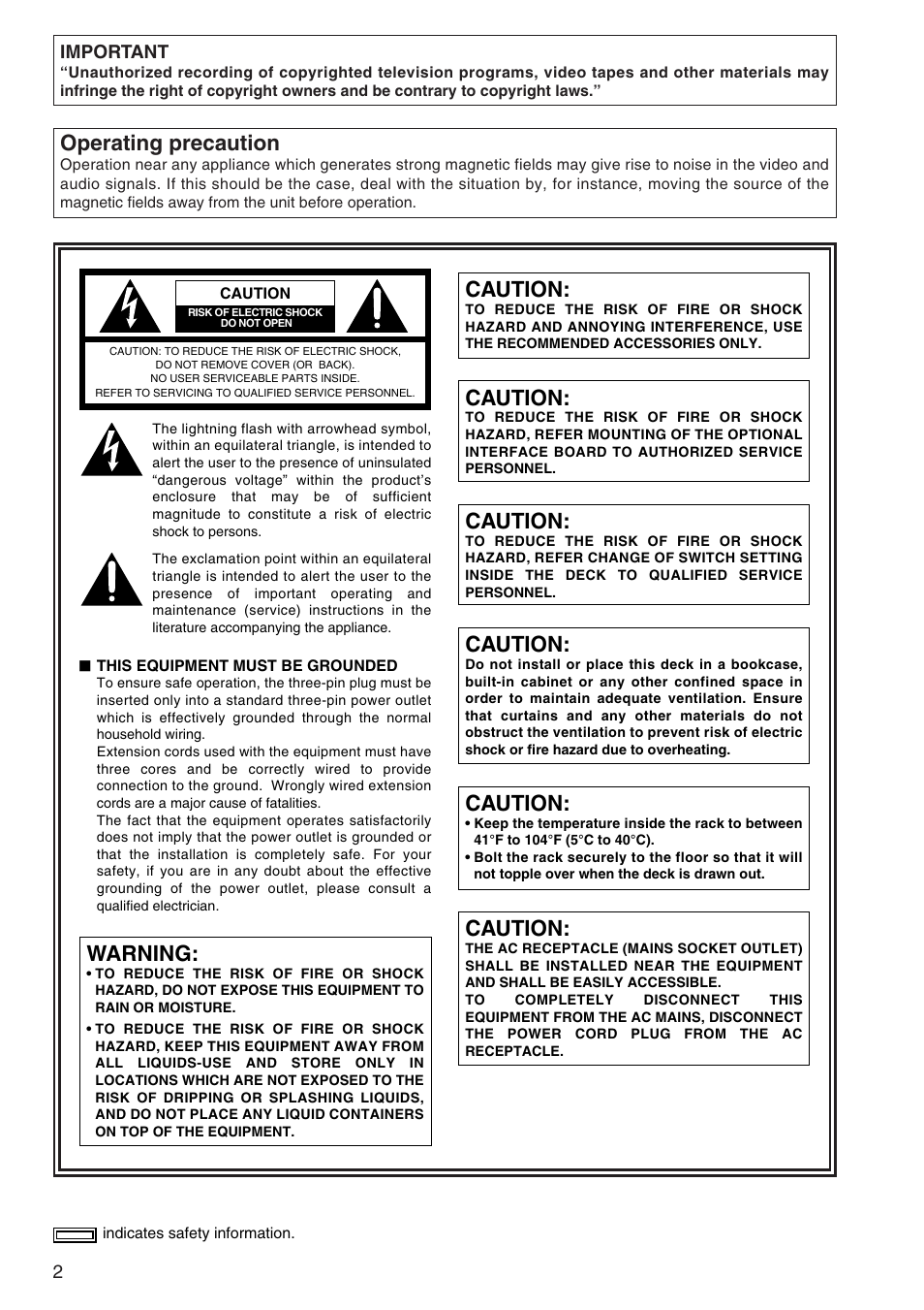 Operating precaution, Warning, Caution | Panasonic AJ-SD965P User Manual | Page 2 / 86