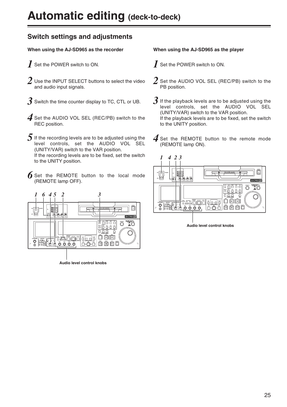 Automatic editing (deck-to-deck), Switch settings and adjustments, Automatic editing | Deck-to-deck), Set the power switch to on, Switch the time counter display to tc, ctl or ub, When using the aj-sd965 as the recorder, Audio level control knobs | Panasonic AJ-SD965P User Manual | Page 25 / 86