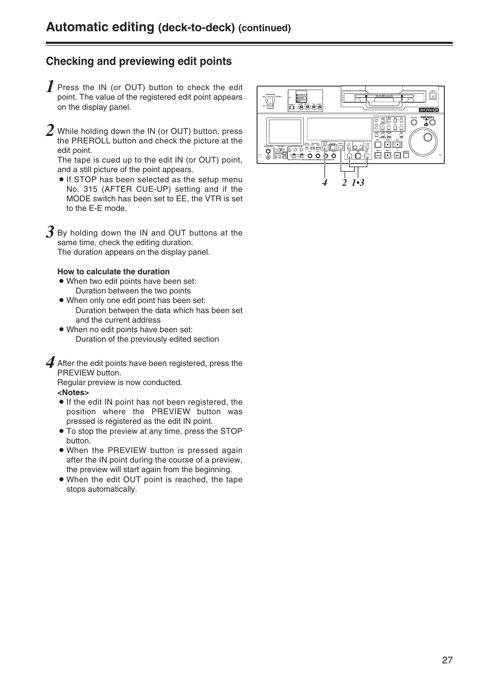 Checking and previewing edit points, Automatic editing, Deck-to-deck) | Continued) | Panasonic AJ-SD965P User Manual | Page 27 / 86