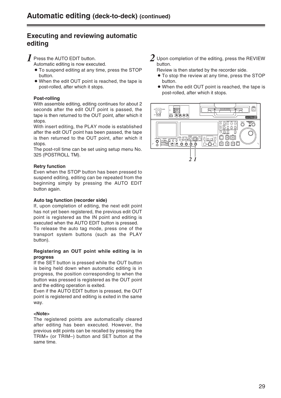 Executing and reviewing automatic editing, Automatic editing, Deck-to-deck) | Continued) | Panasonic AJ-SD965P User Manual | Page 29 / 86