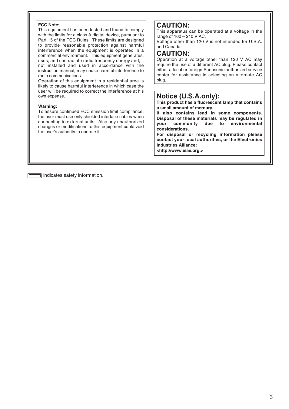 Notice (u.s.a.only), Caution | Panasonic AJ-SD965P User Manual | Page 3 / 86