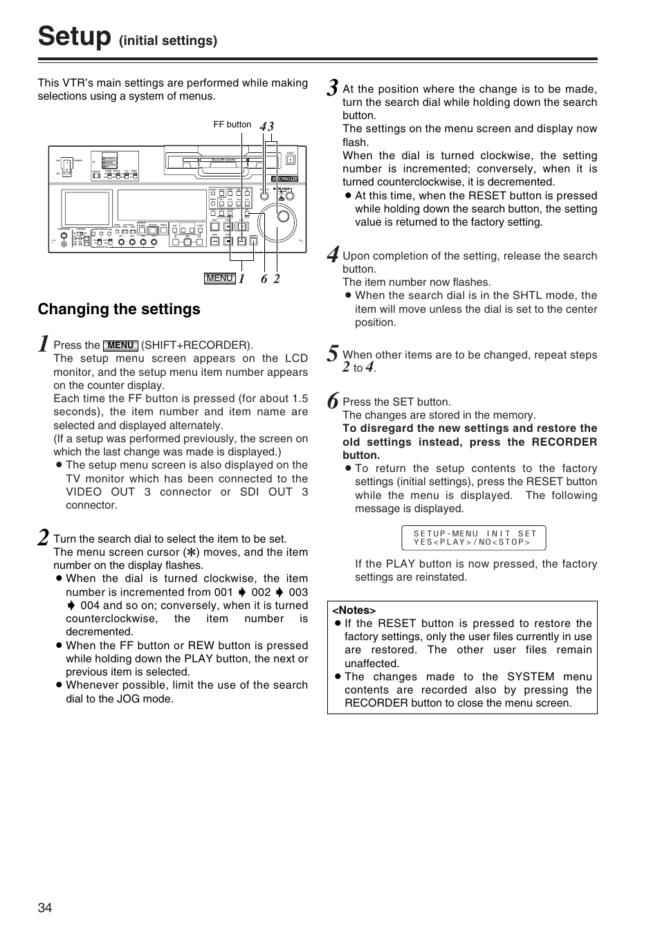 Setup (initial setup), Setup, Changing the settings | Initial settings), When other items are to be changed, repeat steps, Menu, Menu ff button | Panasonic AJ-SD965P User Manual | Page 34 / 86