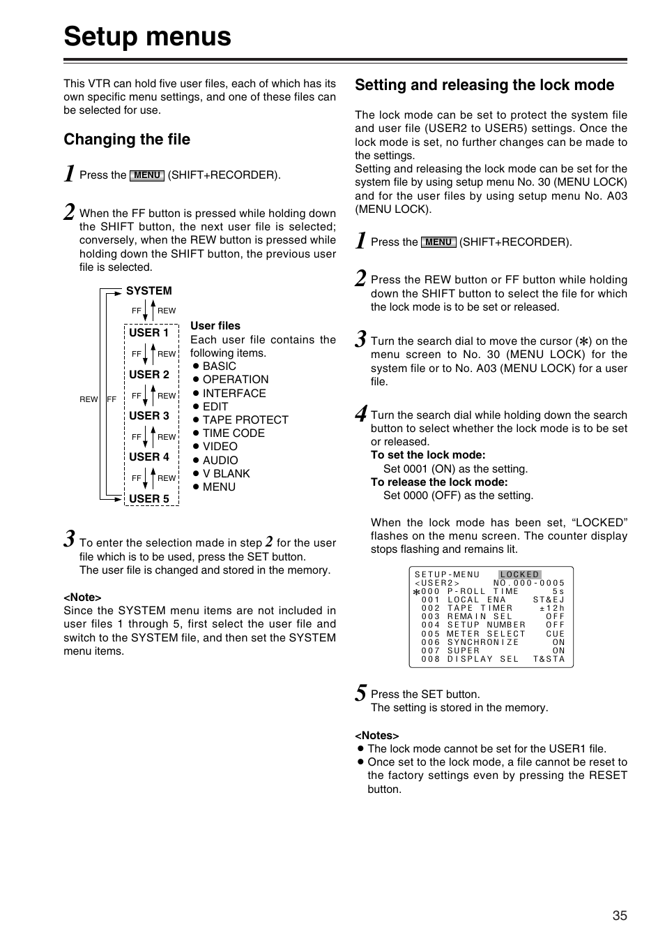 Setup menus, Changing the file, Setting and releasing the lock mode | Panasonic AJ-SD965P User Manual | Page 35 / 86