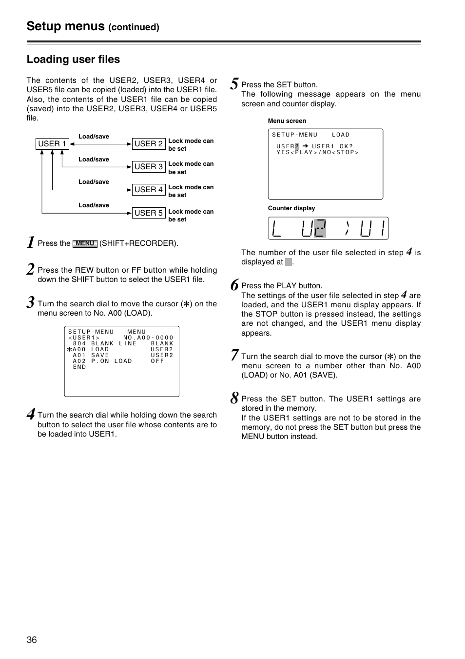 Setup menus, Loading user files | Panasonic AJ-SD965P User Manual | Page 36 / 86