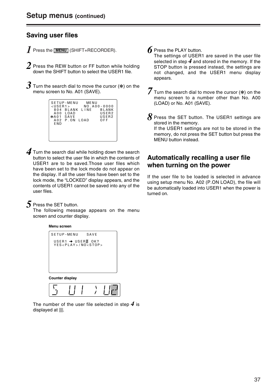 Setup menus | Panasonic AJ-SD965P User Manual | Page 37 / 86