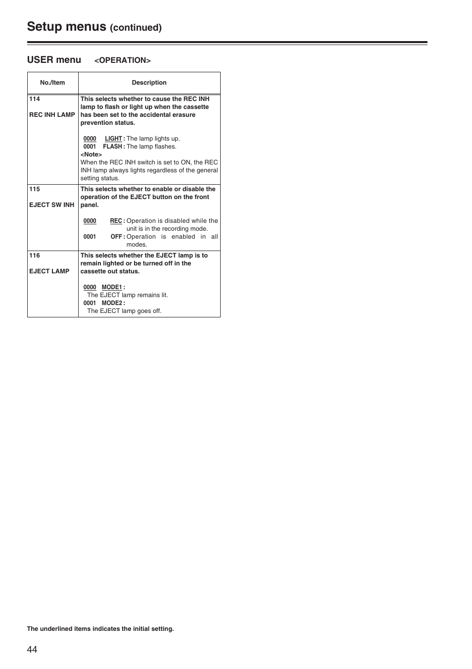 Setup menus, Continued), User menu | Panasonic AJ-SD965P User Manual | Page 44 / 86