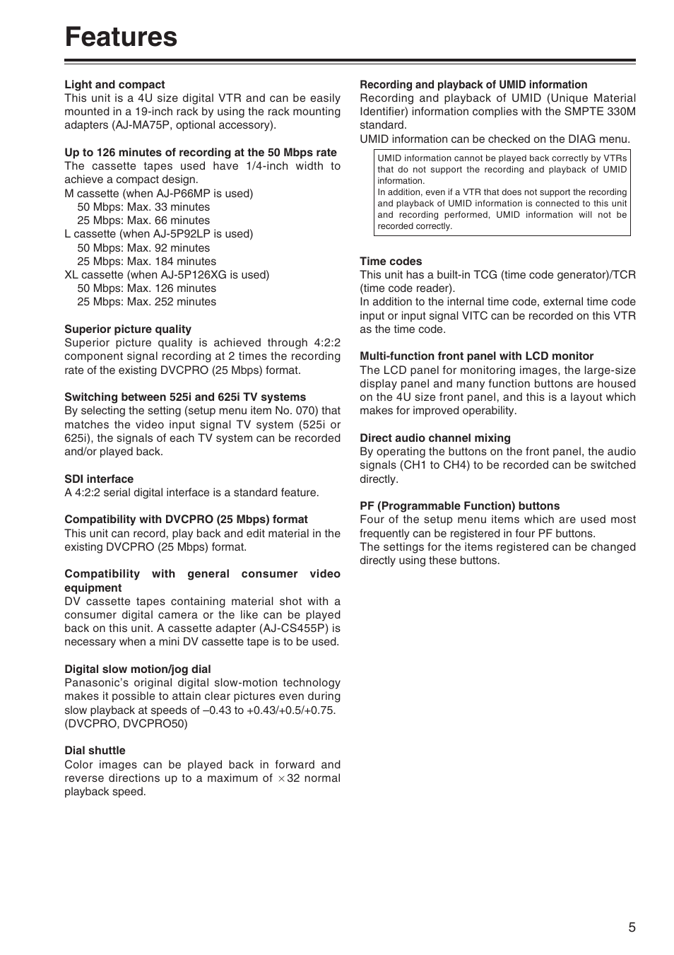 Features | Panasonic AJ-SD965P User Manual | Page 5 / 86