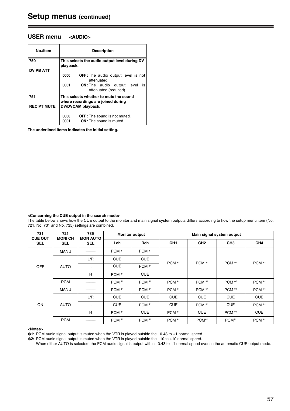 Setup menus, Continued), User menu | Audio | Panasonic AJ-SD965P User Manual | Page 57 / 86