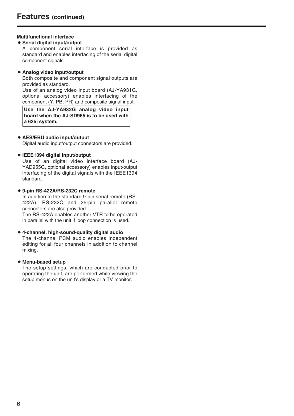 Features | Panasonic AJ-SD965P User Manual | Page 6 / 86